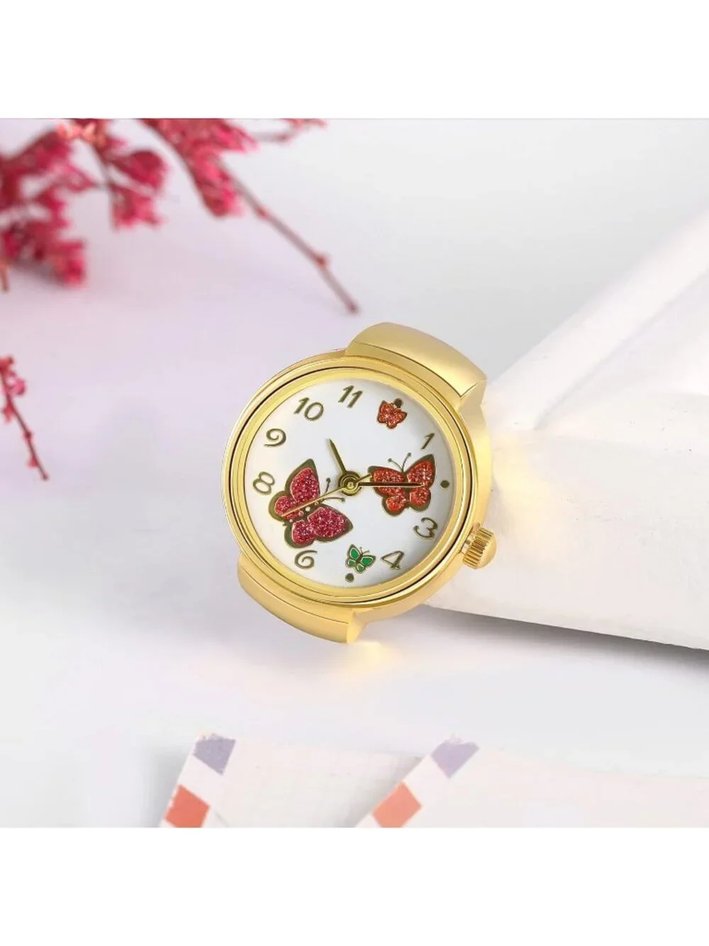 Unisex All Gold Analog Quartz Plated Elastic Butterfly Simple Round Ring Watch